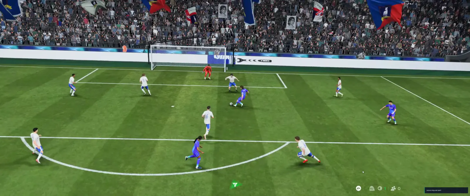 EA Sports FC 27 match in a packed stadium with players contesting the ball near the penalty area.