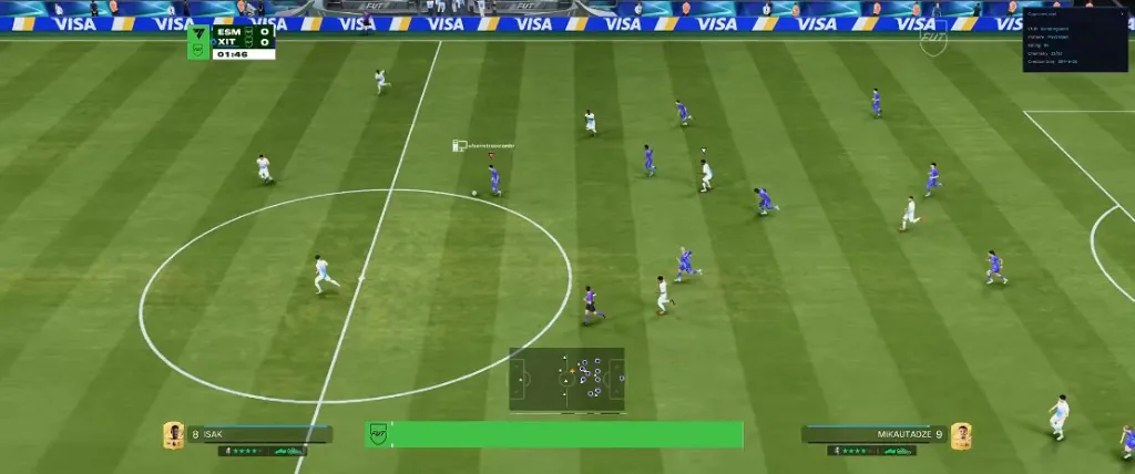 EA Sports FC 27 match with a player stats overlay listing skill moves, weak foot, work rates, and chemistry.